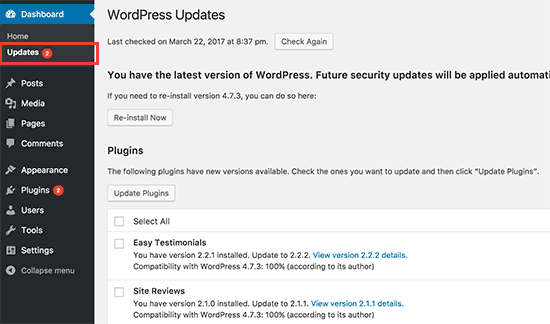 Actualizaciones De La Página En El Área De Administración De Wordpress