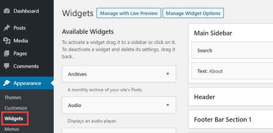 La Sección De Widgets Del Administrador De Wordpress