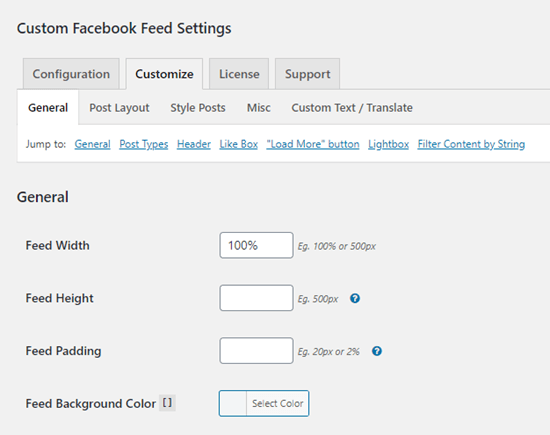 Opciones De Personalización Del Complemento De Facebook Feed Personalizado