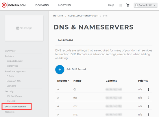 Змяніць серверы імёнаў DNS на Domain.com