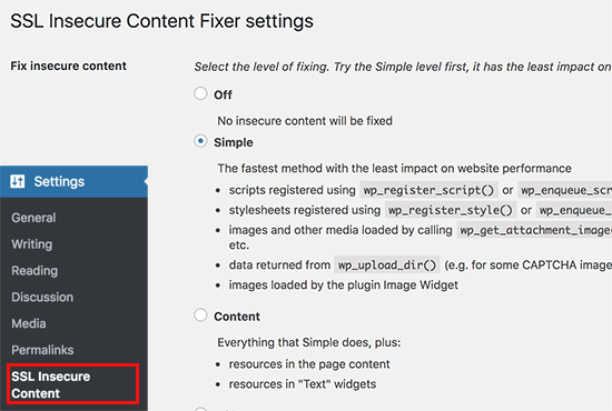 Configuración Del Complemento Secure Content Fixer