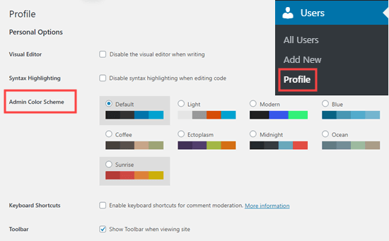 Seleccionar Un Esquema De Color De Administrador En Wordpress, En Su Página De Perfil De Usuario